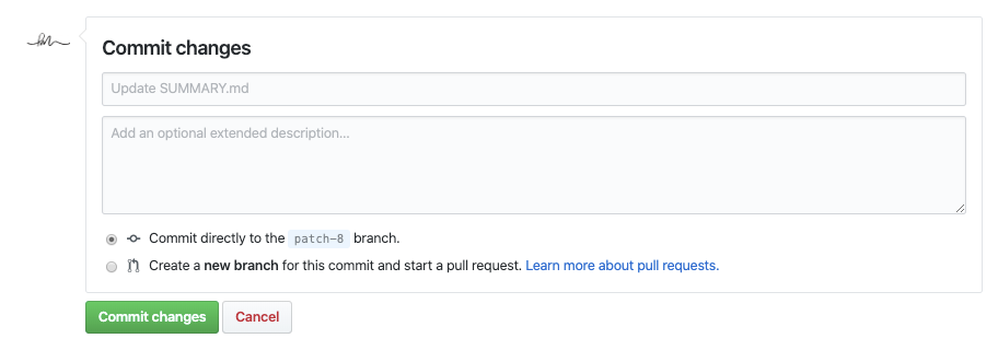 Commit changes screen with commit directly to the branch option selected.