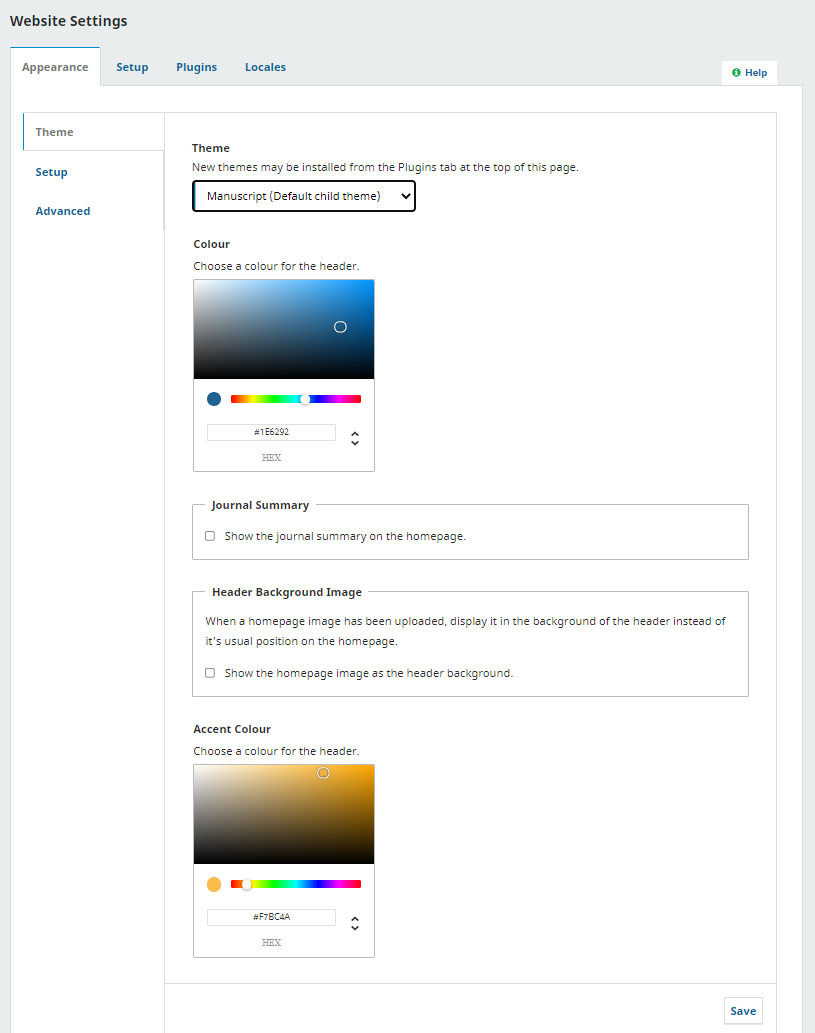 Manuscript theme options with 2 colour selection screens - theme colour and accent colour.