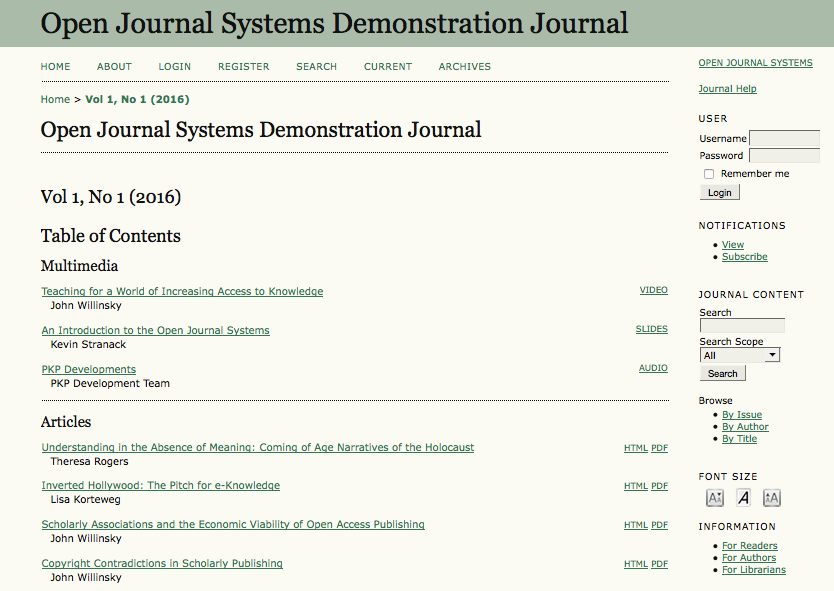 Open Journal Systems Table of Contents