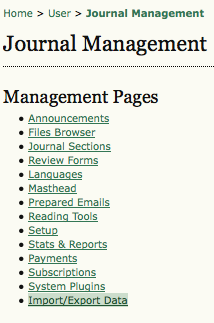 Journal Management Pages: Import/Export Data