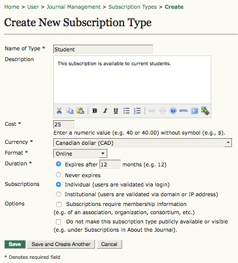 Create New Subscription Type