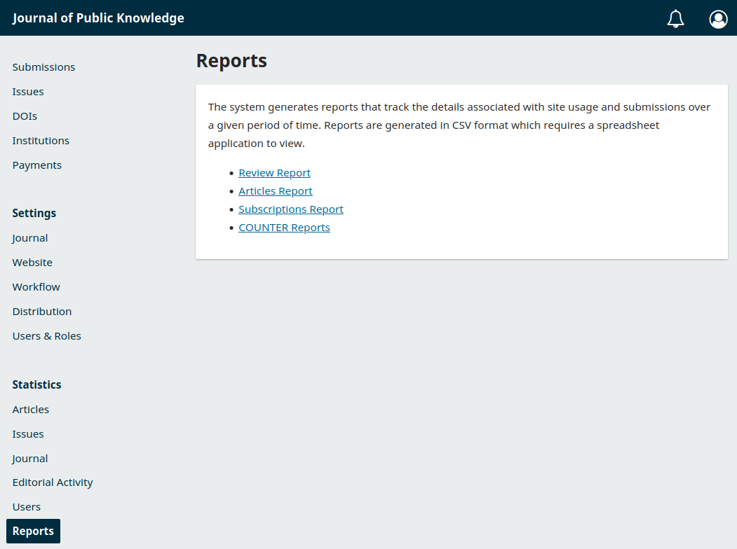 The list of reports on the Report Generator page in OJS, detailed below.