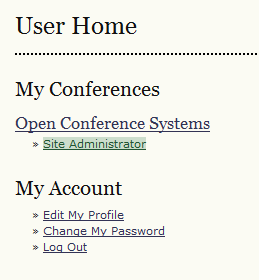 User Home page with Site Administrator menu highlighted.