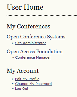 User Home page with a list of my conferences and an option to select Conference Manager role.