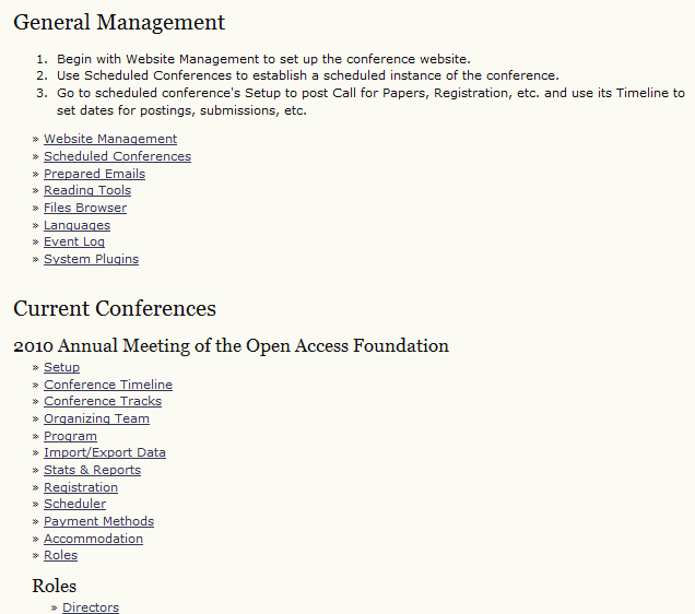 Page with settings for General Management and for the Scheduled Conference.