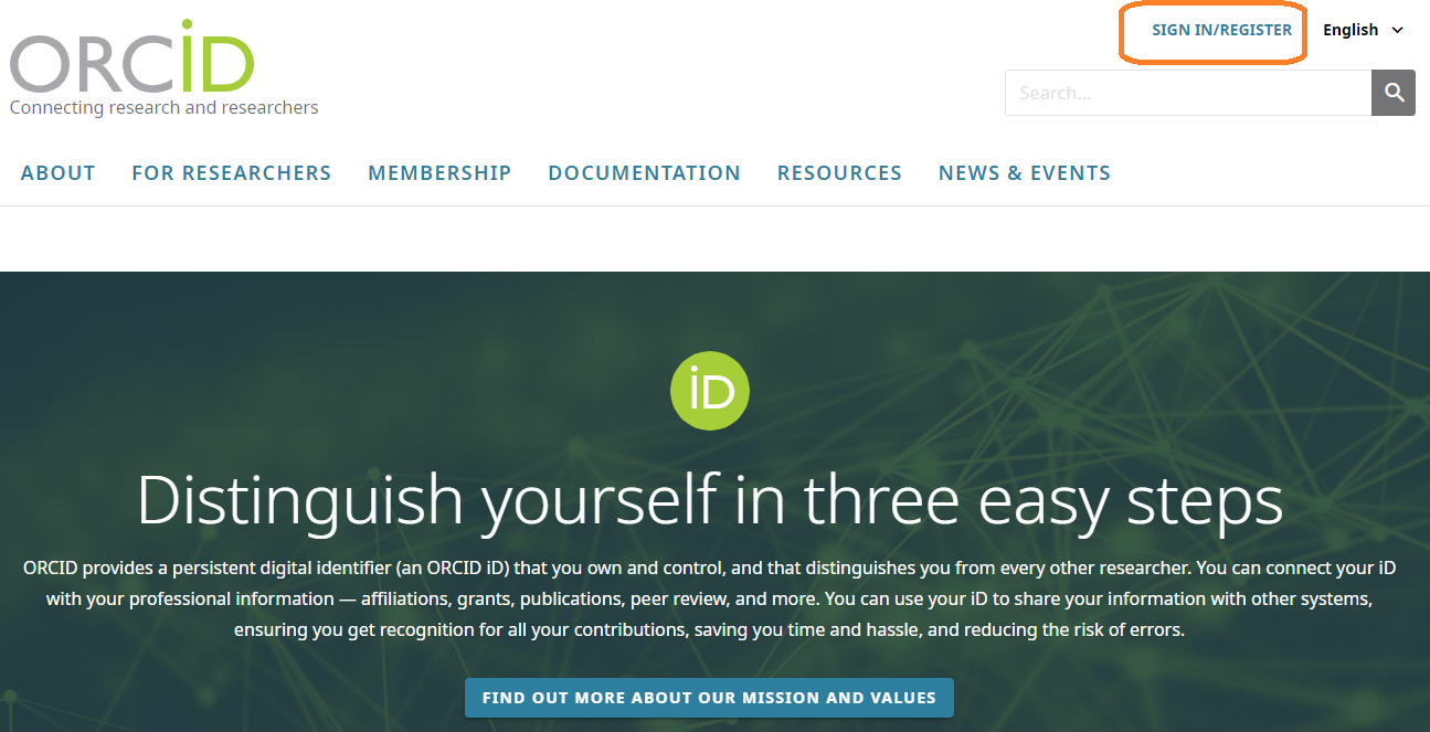 ORCID homepage with sign in / register button pointed out.