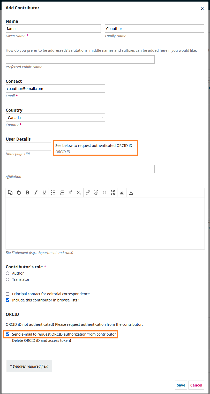The Add Contributor form with the "Send email to request ORCID authorization from contributor" option enabled.