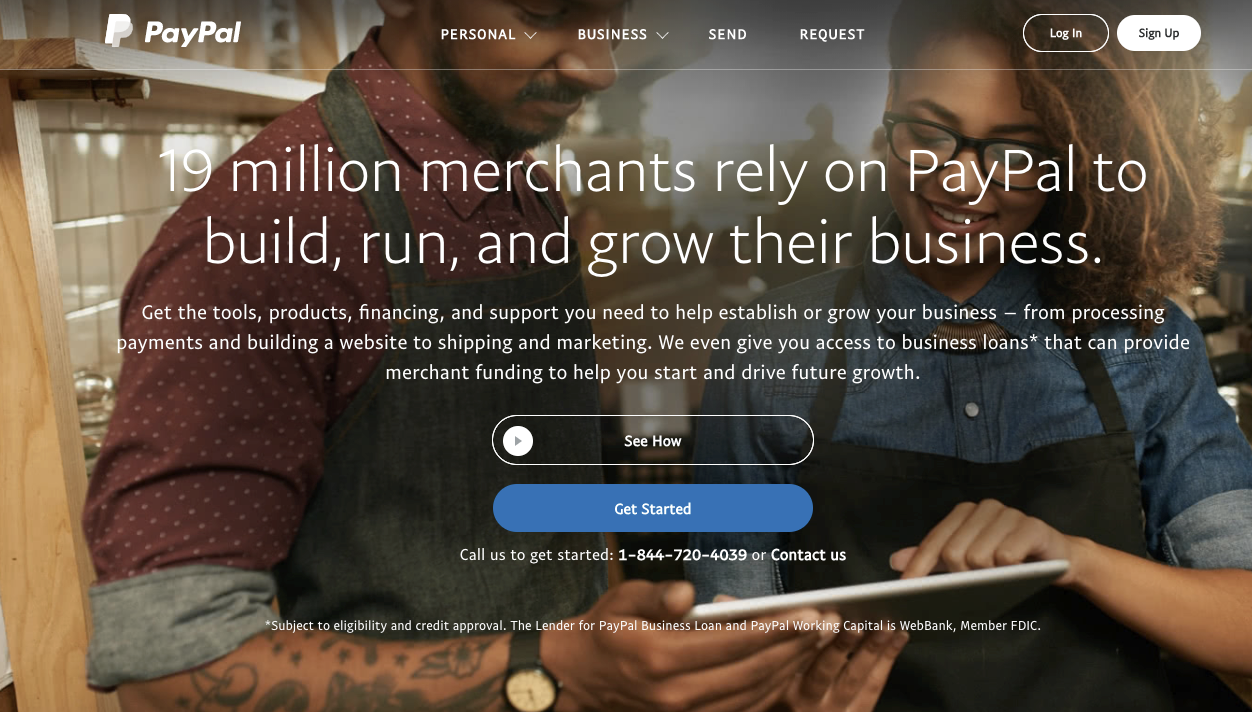The PayPal.com homepage.