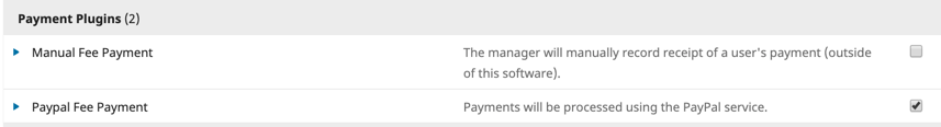 The Paypal Fee Payment plugin enabled in the OJS Plugin Gallery.