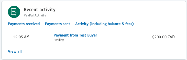 A test payment received in the recent PayPal activity screen.