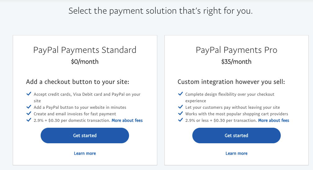 The two business account options available on PayPal: Standard (Free) or Pro (includes customizable site integration for $35/month).