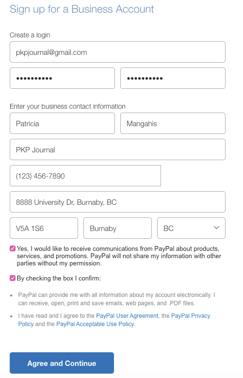 The PayPal business account registration screen filled in with sample login and business contact information.