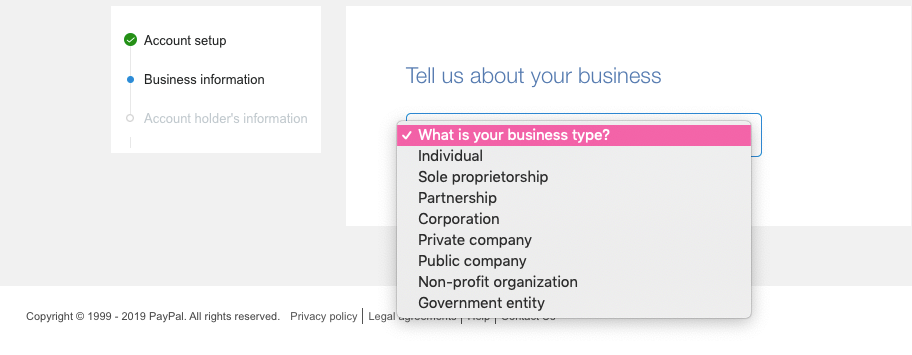 PayPal's dropdown list of business types.