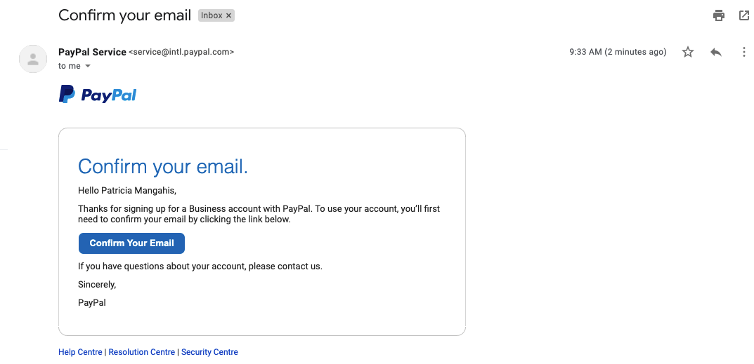 A verification email from PayPal including a link to confirm the registered email account.