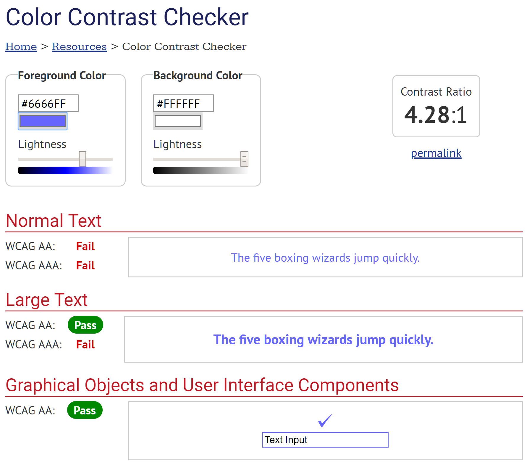 WebAim's Colour Contrast Checker interface.