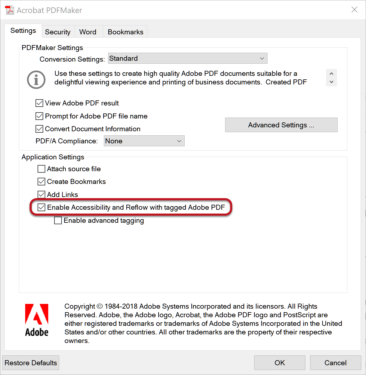 Tela do Acrobat PDFMaker com a opção marcada para Habilitar a Acessibilidade e Formatação com Adobe PDF marcado