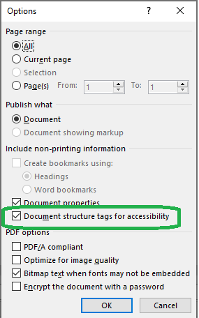 Tela de opções para salvar arquivo do MS Word no Windows com a opção de Marcas de estrutura de documento para acessibilidade marcada.