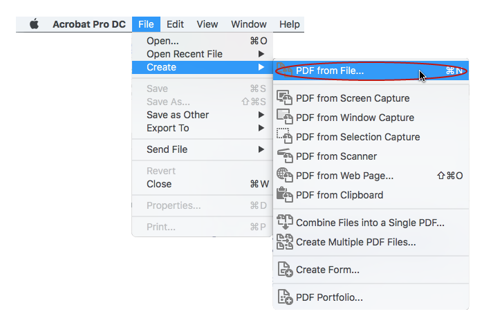 Tela do menu de opções do Acrobat Pro DC para gerar um PDF a partir de um arquivo.