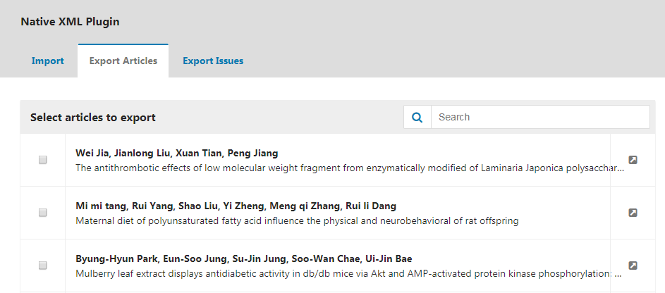The Export Articles tab under the Native XML Plugin.