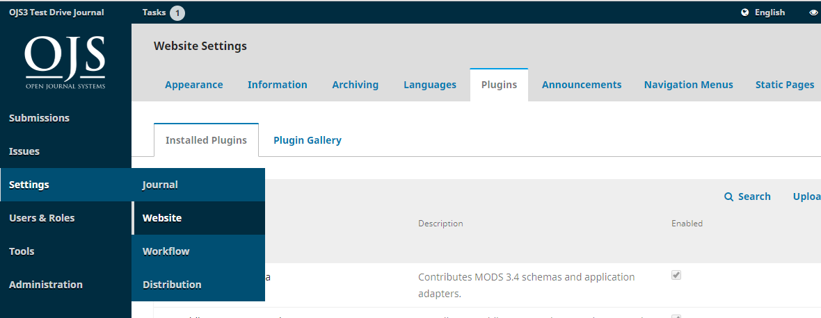 The plugins gallery where some import/export plugins can be enabled.