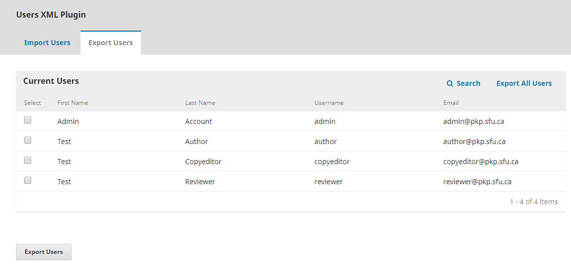The Export Users tab under Users XML Plugin.
