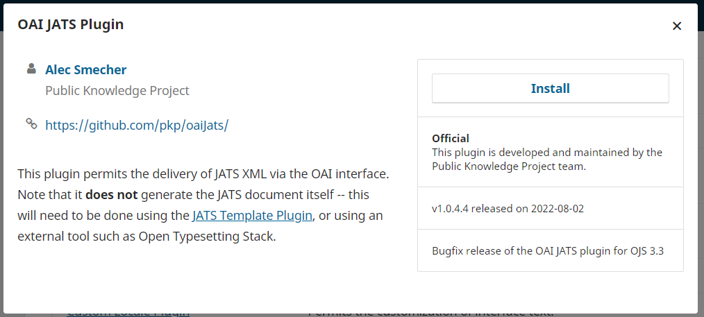 OAI JATS Plugin showing install button.