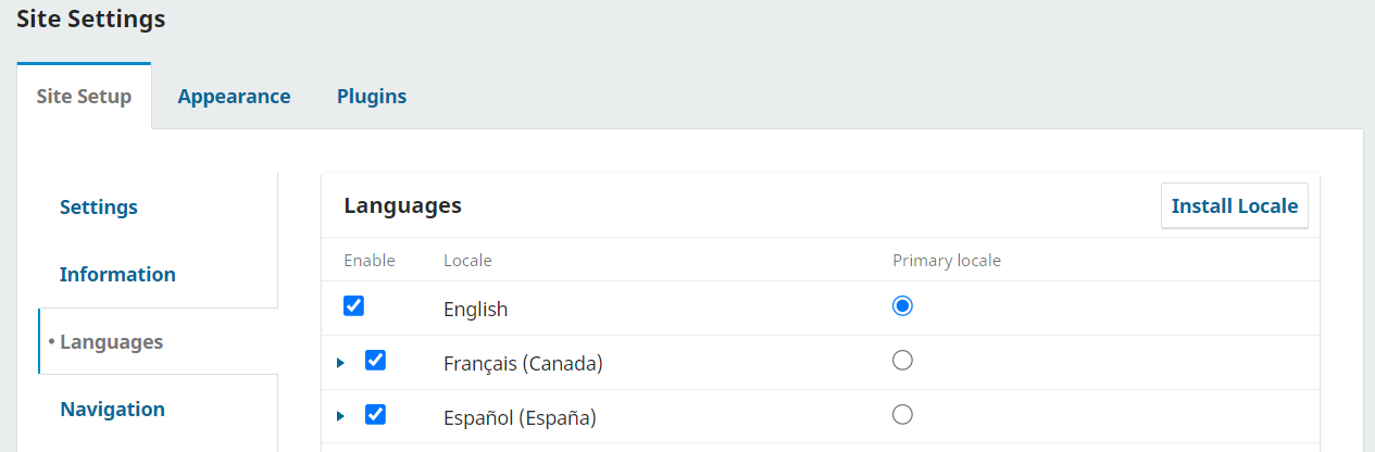 Language locales installed in site settings with FR installed 