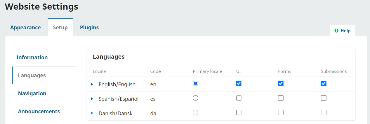 The languages option under website settings setup.