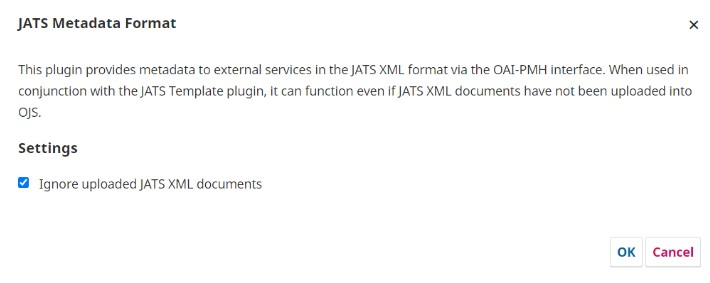 The JATS Template Plugin settings page with the Ignore uploaded JATS XML documents checkbox checked.