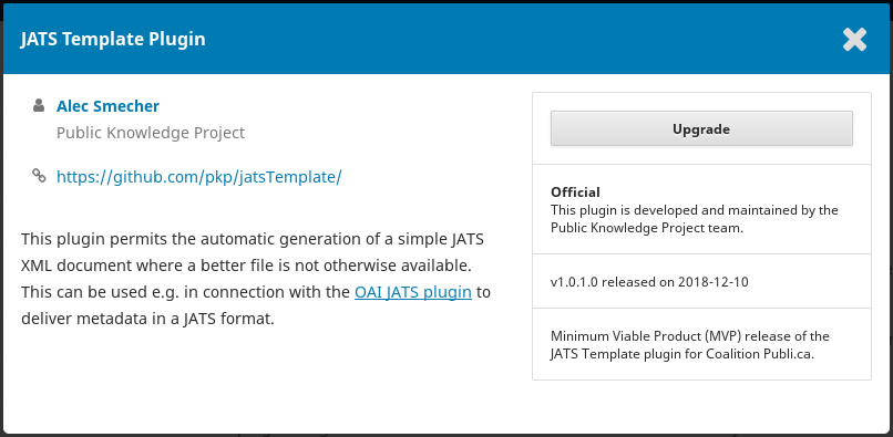 JATS Template Plugin with plugin information and an Upgrade button.