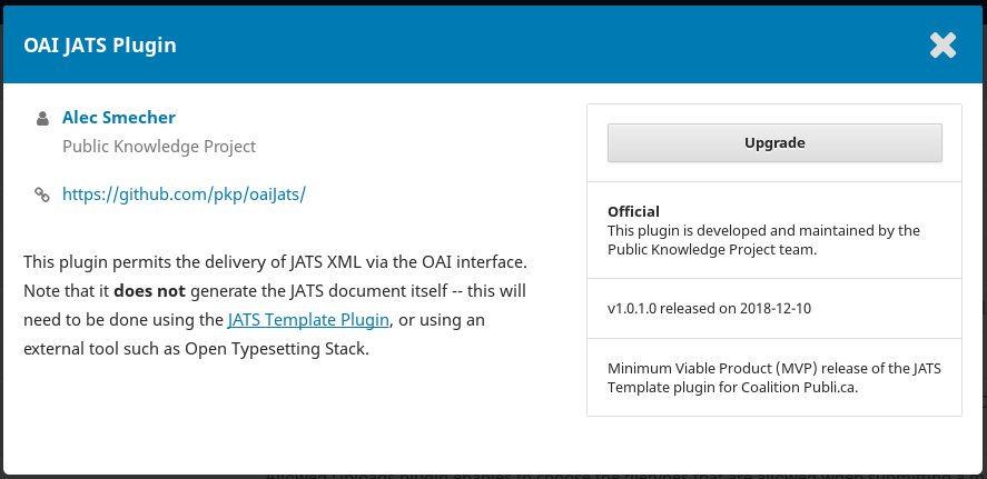 OAI JATS Plugin with plugin information and an Upgrade button.