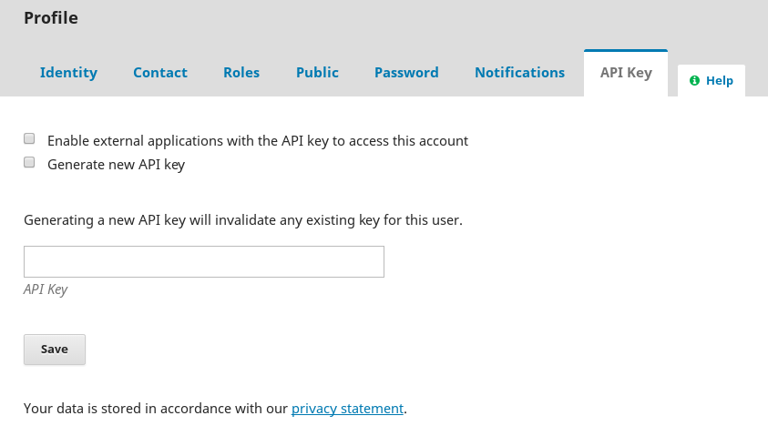 Menu profil avec l'onglet Clé API sélectionné qui a des options pour activer l'accès API ou générer une nouvelle clé API.