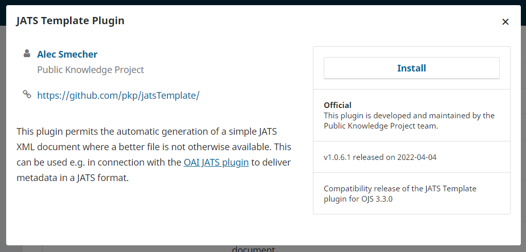 JATS Template Plugin avec des informations sur le plugin et un bouton Installer.