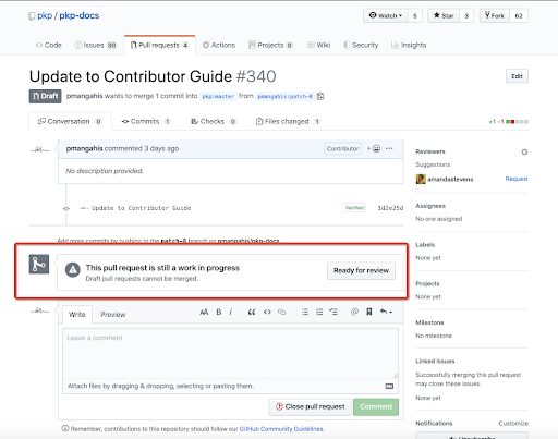 Pull requests tab with a pull request ready for review.