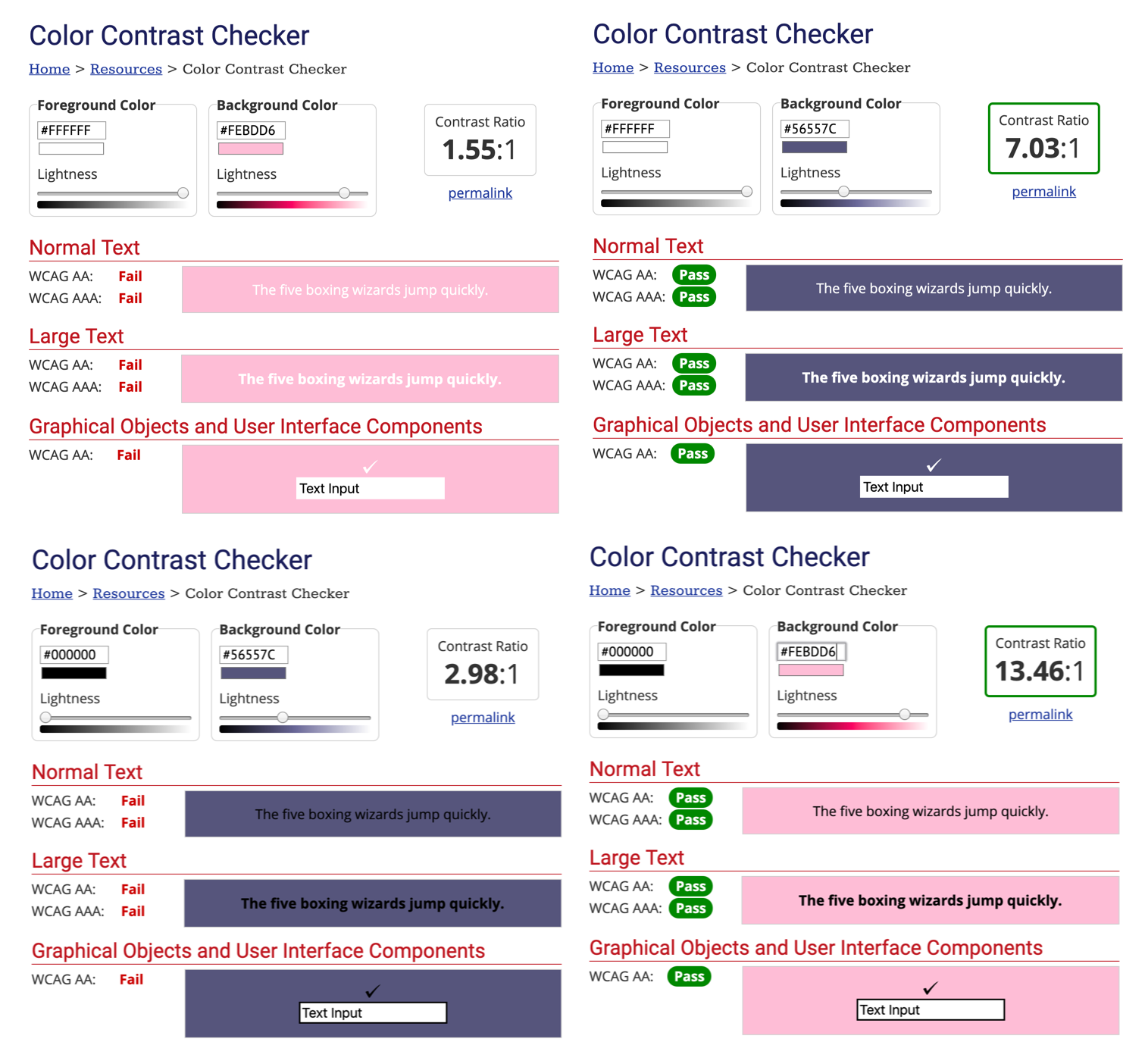 The WebAim contrast checker showing pass and fail statuses for different text and background color combinations.
