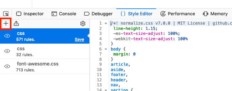 Screenshot highlighting the location of the "+" mark in the Style Editor.