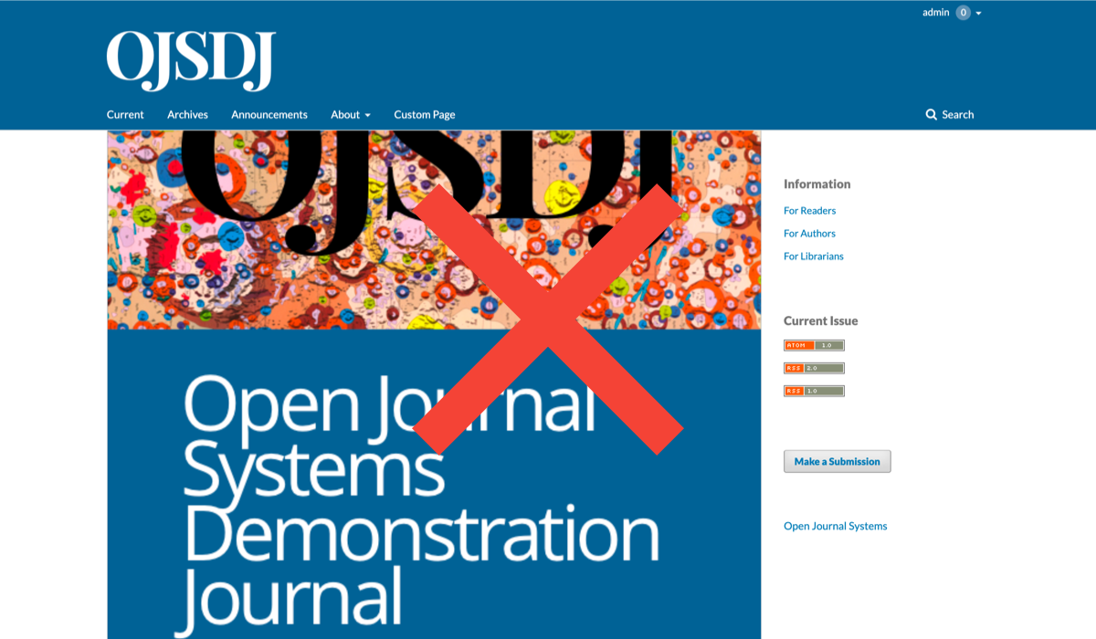 An oversized issue cover image which has been set as the homepage image, taking up an excessive amount of space. The image is marked with a red X.