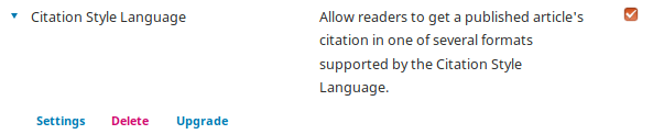 screenshot showing the settings action for the Citation Style Language plugin
