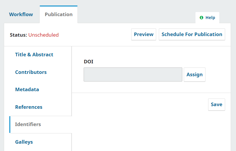 The Identifiers menu in OJS with an empty DOI field beside the "Assign" button.