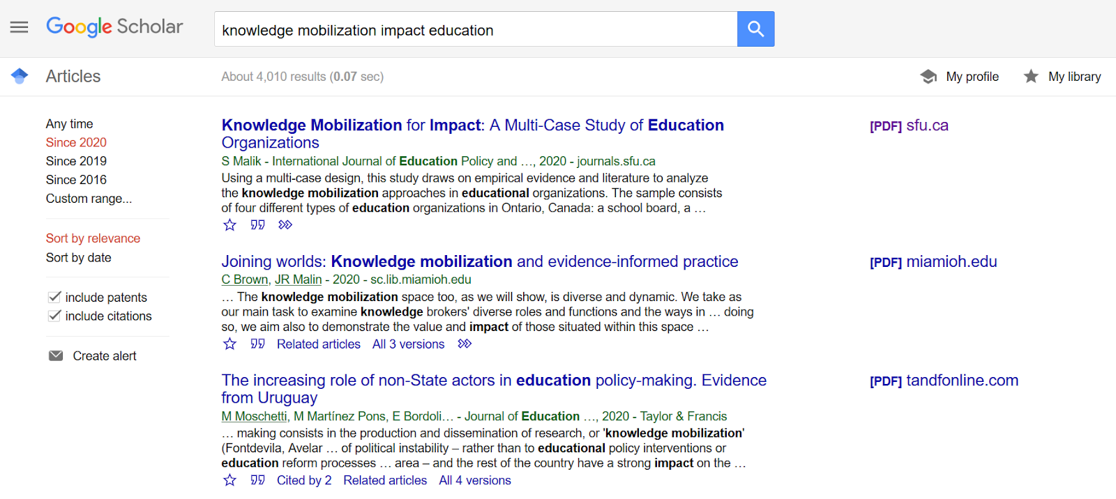 Google scholar search results