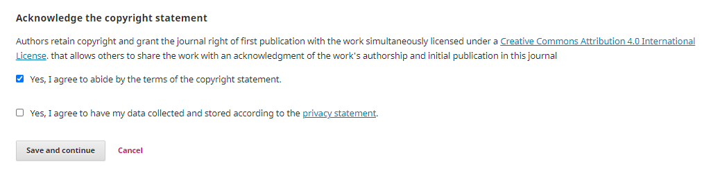 The copyright statement acknowledgement in OJS 3.2