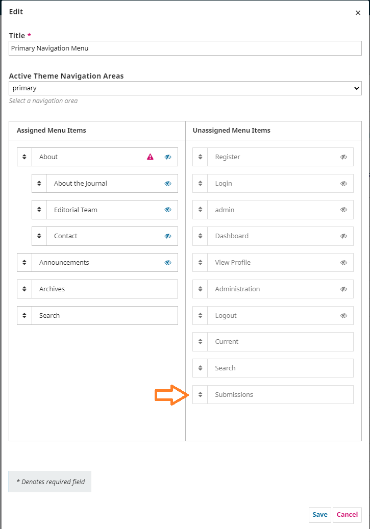 Primary navigation menu with the Submissions menu item in the Unassigned column.