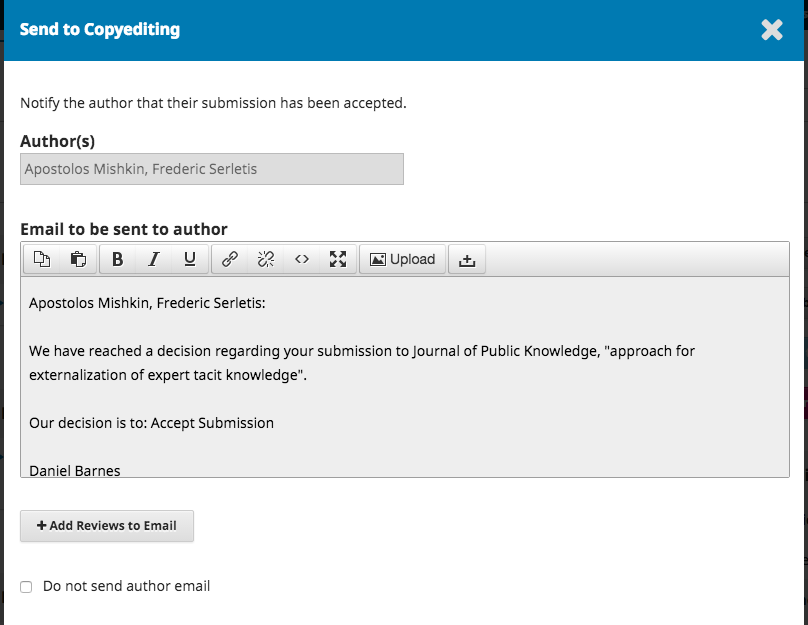 The Send to Copyediting window including information about the notification of acceptance to be sent to the author.