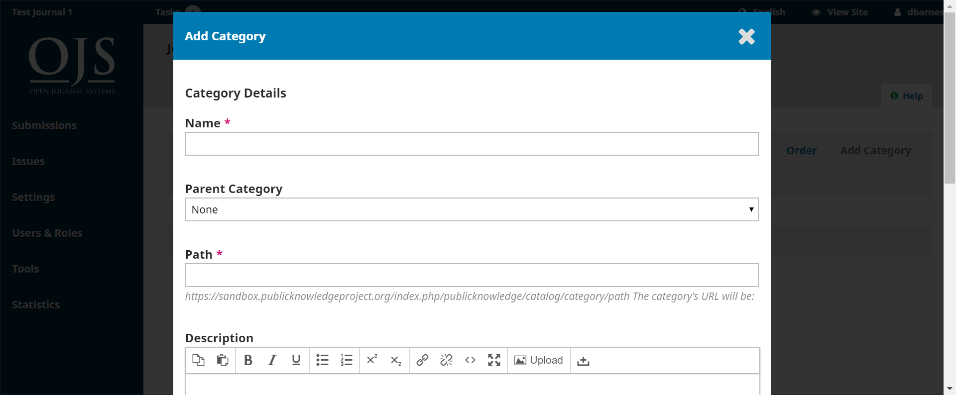A new window for entering category information in text fields and selecting category options.