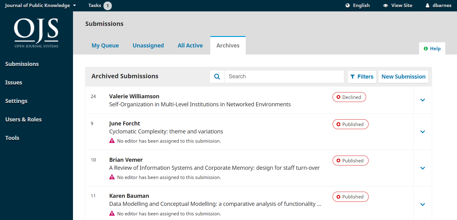 The Archives tab in the Submissions dashboard.