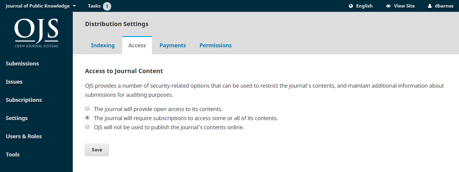 Distribution settings access tab showing access to journal content options.