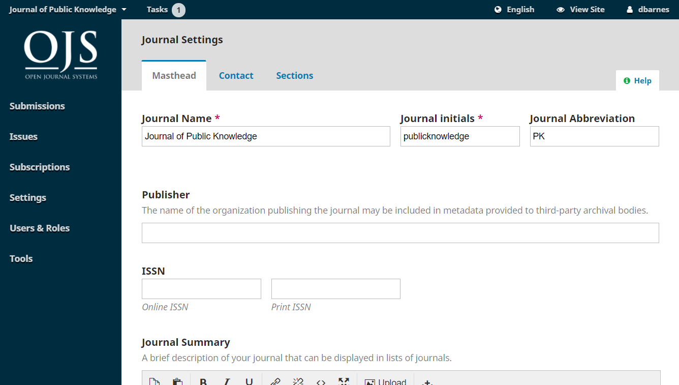 OJS dashboard view of Journal Settings with navigation tabs for the Settings submenus across top portion of page content.