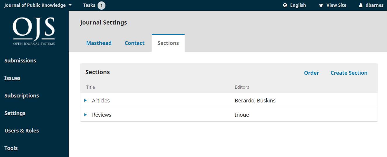 OJS dashboard view of Journal Settings submenu Sections with links for Order and Create Section and editable list of current sections.