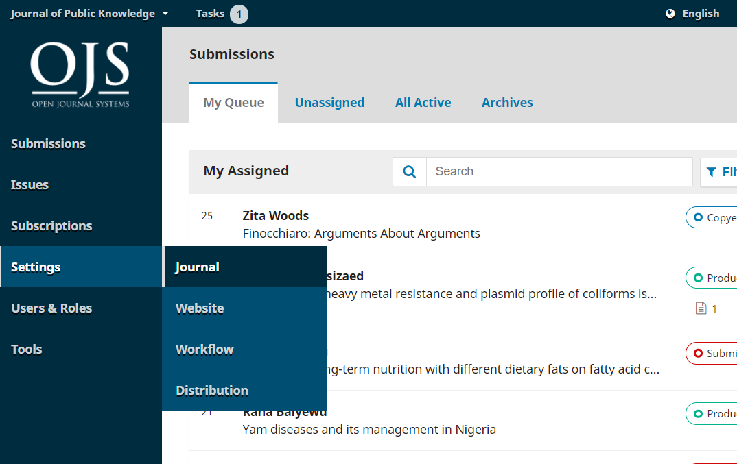 OJS dashboard View for Journal Managers with links to Settings menu and its submenus in left-hand sidebar.