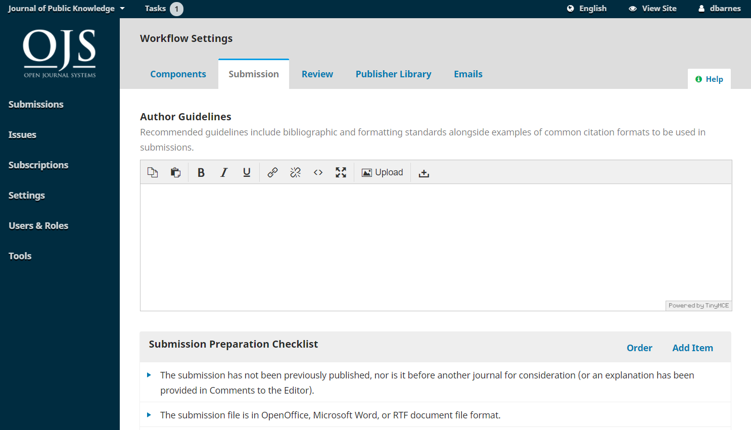 OJS 3.1 submission checklist editing menu.